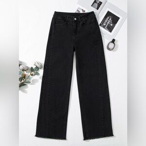 Sidefeel Women's Wide Leg Jeans High Waisted Stretchy Raw Hem Black Denim Jeans